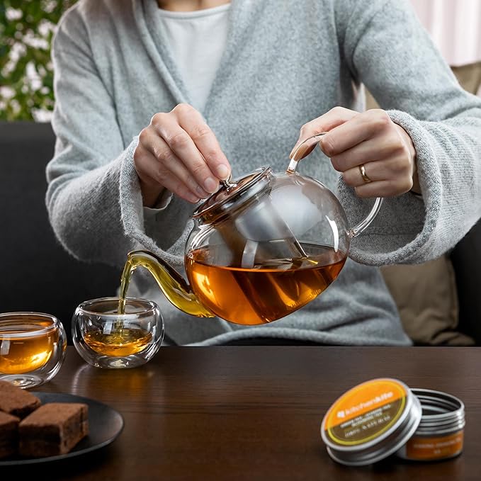 Glass Teapot Set with 4 Double Wall Teacups & Removable Stainless Steel Infuser - Microwave Dishwasher Safe Clear Blooming Loose Leaf Teas, Tea Maker Gift