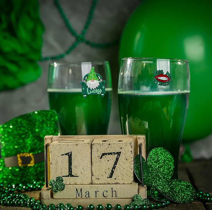 Simply Charmed St. Patrick's Day Gnome Magnetic Wine Glass Charms – Green Drink Markers, St. Pat’s Party Accessories, Set of 6