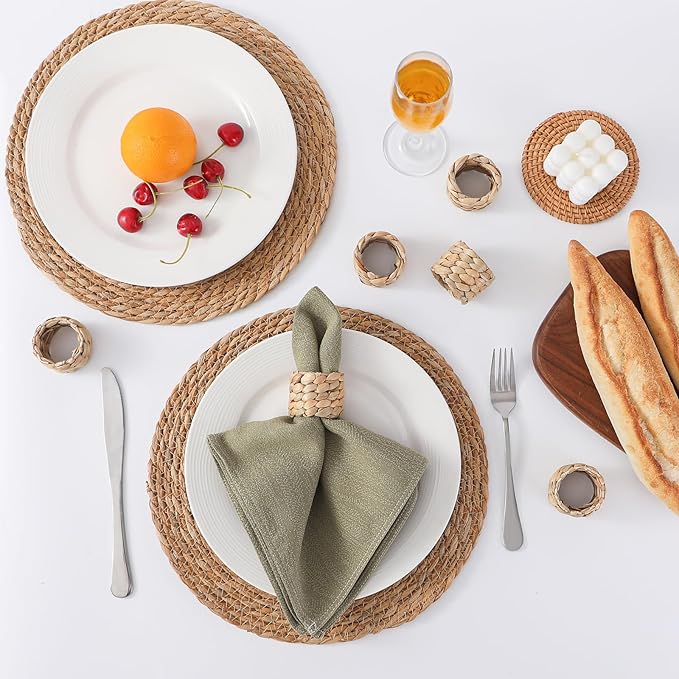 Napkin Rings Set of 6, Natural Water Hyacinth Woven Napkin Holders, 6pcs Rattan Napkin Rings for Rustic Farmhouse, Boho Wedding, Home & Dining Table Decor
