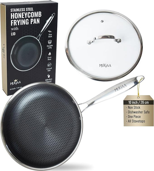 10” Non-Stick Stainless Steel Frying Pan with Lid | Honeycomb Hybrid Skillet for Induction, Gas & Electric Stovetops | Oven Safe, Dishwasher Safe | Premium Gift Packaging