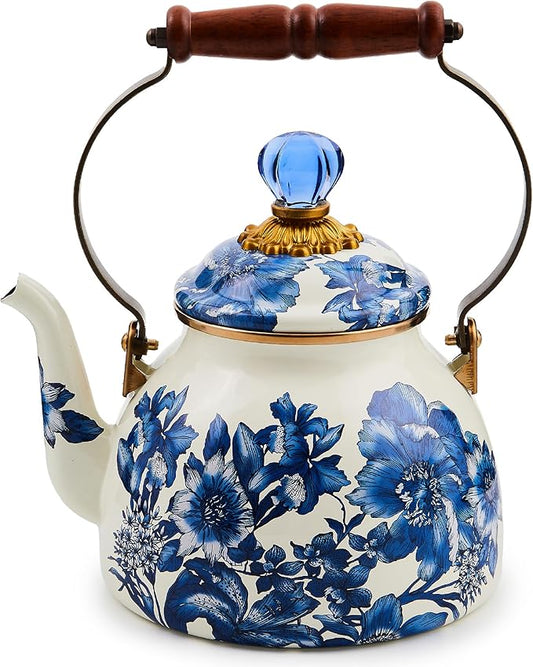 MACKENZIE-CHILDS 2-Quart Enamel Tea Kettle, Cute Tea Kettle for Stovetop, Royal English Garden