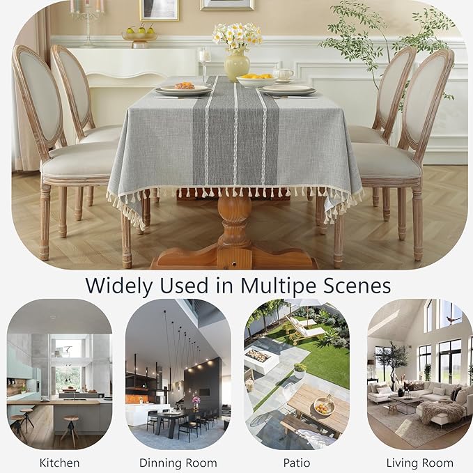 Alsoo Waterproof Square Tablecloth Rustic Table Cloth Cotton Linen Wrinkle Free Tablecloths for Kitchen Dining, Party, Holiday, Christmas, Grey Lines (4 Seats, 55x55 Inches)