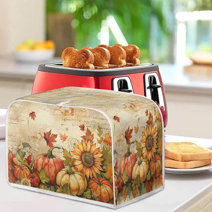 Doojoayie Fall Theme Toaster Cover Small Appliance Cover 4 Slice Dustproof Toaster Machine Protection for Most Standard Toasters, Flower Pumpkin Print