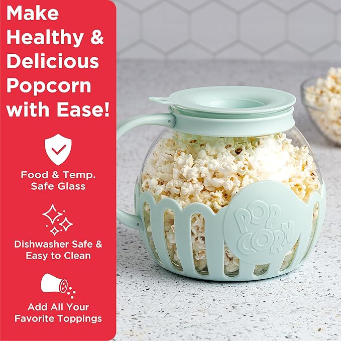 Ecolution Patented Micro-Pop Microwave Popcorn Popper with Temperature Safe Glass,3-in-1 Lid Measures Kernels and Melts Butter,Made Without BPA,Dishwasher Safe,3-Quart,Aqua,(Pack of 4)