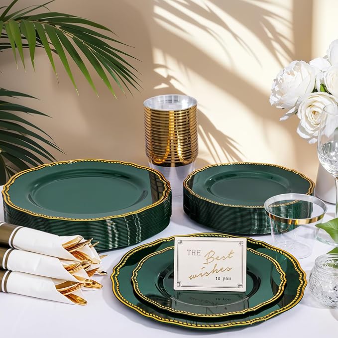 Hioasis 175pcs Green Gold Plastic Plates - Gold Plastic Dinnerware Set Includes 25 Dinner Plates, 25 Dessert Plates, 25 Gold Utensils, 25 Napkins Perfect for Wedding & St. Patrick's Day