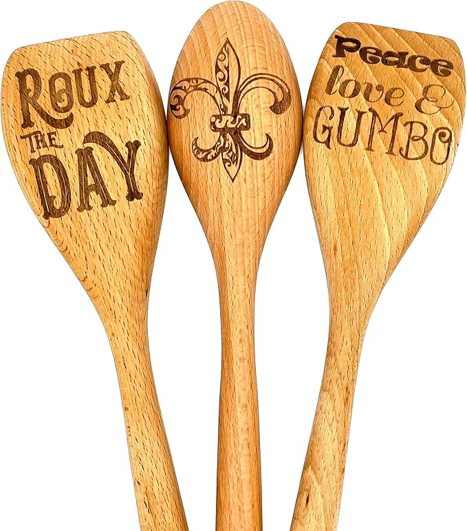 Fleur de Lis or Roux the Day or Peace Love & Gumbo Wooden Cooking Spoon, Choice of Engraved Wooden Spoons, Cajun Roux Spoons, New Orleans Louisiana Cooking Stocking Stuffer