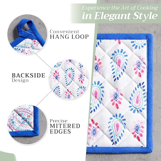 Maison d' Hermine Pot Holders Set 100% Cotton Heat Resistant Potholders 8" x 8" Hot Pads with Loop BBQ, Cooking, Baking, Grilling, Kitchen, Handling Hot Pans Spring/Summer (Pack of 2, Indian Floral)