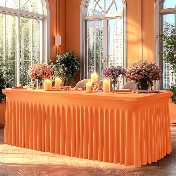 2 Packs Orange Spandex Tableclothes for 6 Foot Rectangle Table, Spandex Table Covers 6FT Stretch Table Skirts Rectangle Wrinkle Free Fitted Tablecover for Event, Wedding, Banquet & Parties