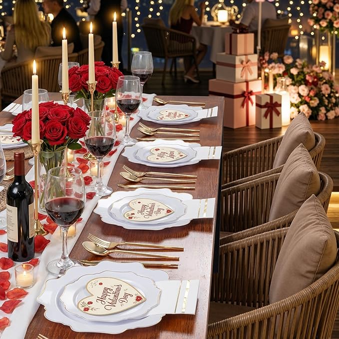 WDF 350PCS White and Gold Plastic Plates - Gold Plates Disposable 50Guest Plastic Dinnerware Ideal for Party/Wedding/Birthday/Valentine's Day
