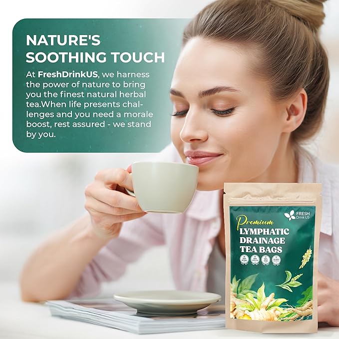 FreshDrinkUS, Lymphatic Drainage Tea | 75 Tea Bags | Herbal Tea Bags with Ginger, Dandelion Root, Burdock Root, Mullein, Calendula, Lemongrass, Rose, Licorice & Tulsi – Caffeine-Free Herbal Blend