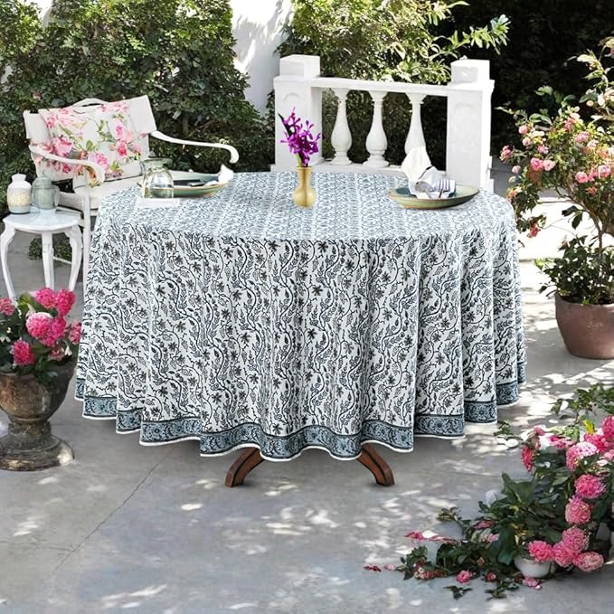 Ridhi Block Print Round Baby Blue Eyes Reusable Tablecloth 100% Cotton 110" Inch Decorative Table Cover eveyday Dining, Home, Party, Wedding, Farmhouse Gift for Spring, Easter, Valentine
