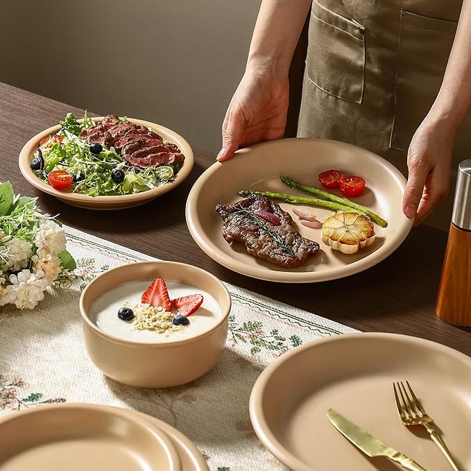 GZG Vintage Series - Ceramic Dinnerware Set for 8, 24 Pieces Stoneware Plates and Bowls Set, Lead-Free, Handcrafted Dishes Set, Microwave & Dishwasher Safe - Warm Apricot