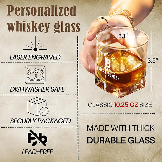 Personalized Whiskey Glass Gift Set – 10.25 oz Engraved 1 Bourbon Glass & 3 Stones & 1 Wooden Coaster with Wooden Box,Old Fashioned Cocktail Glass, Groomsmen & Father’s Day Gift.