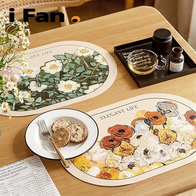 Oval Leather Placemat Pink Flower Table Mat Waterproof Anti-Oil Placemats Heat Insulation Plate Bowl Pad Dining Room Decor(A)