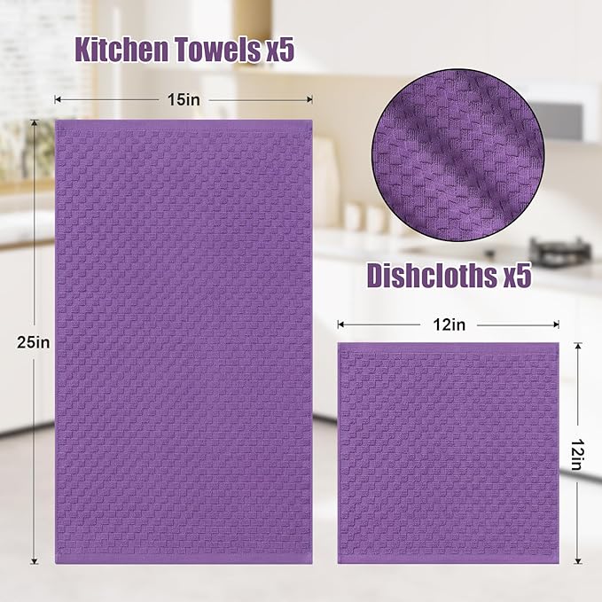 Homaxy 100% Cotton Kitchen Towels and Dishcloths Set, 12 x 12 & 15 x 25 Inches, Set of 10 Bulk Terry Cloth Dish Towels, Super Soft and Absorbent Hand Towel with Hanging Loop, Purple