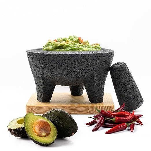 Molcajete Mexicano 8-Inch Guacamole Bowl with Pestle and Mortar Bowl Set, Volcanic Rock Molcajete, Oven Safe, Handmade in Mexico, Includes Cutting Board and Instructions, 750ml - Black Stone
