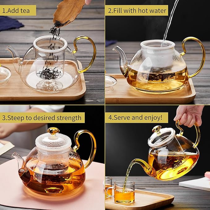 Large Glass Teapot with Stainless Infuser, Stovetop Safe, Thickened Heat-Resistant Borosilicate Glass, 46 fl oz