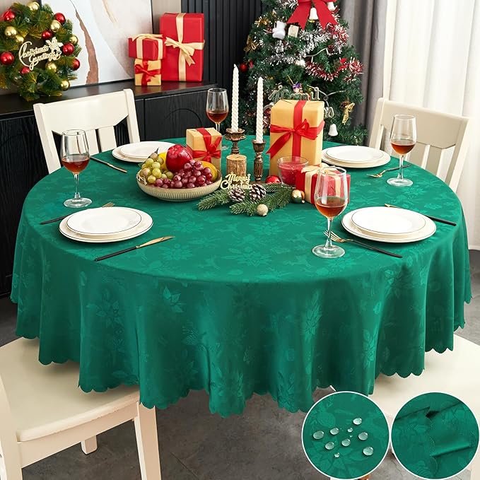 New Year Christmas Round Tablecloth 70 Inch Blackish Green Table Cloths Waterproof Washable Wrinkle Free Leaves Jacquard Fabric Table Cover for 30-56”Tables-Kitchen Birthday Party Decor