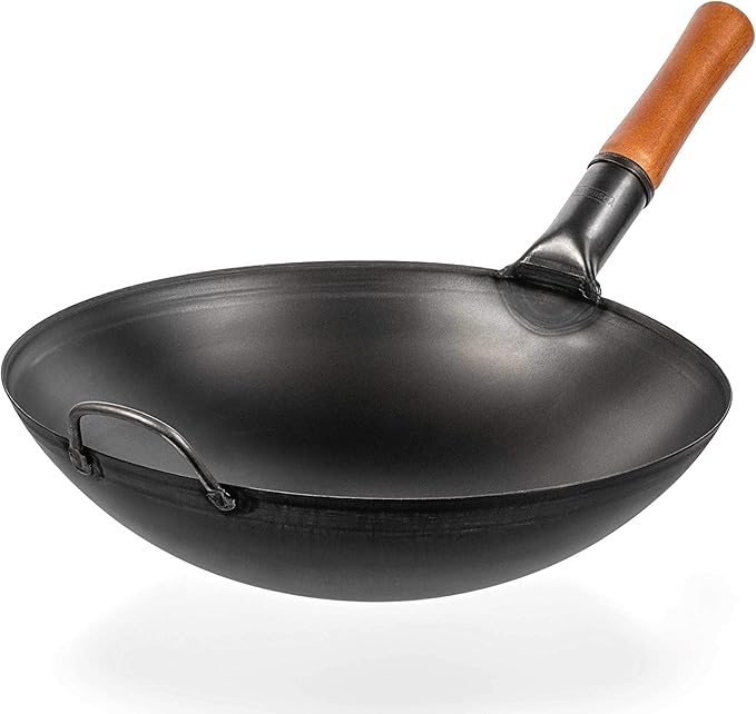 YOSUKATA Black Carbon Steel Wok Pan 14" (Round Bottom) With Lid 13.6 Inch - Premium Stainless Cover + Pre-Seasoned - Blue Carbon Steel 17-inch Spatula, Ladle, 3 Pairs of Chopsticks