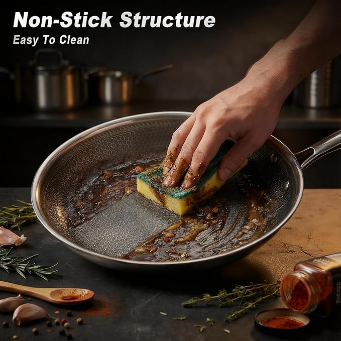 10 Inch Non-Stick Frying Pan with Lid Tri-Ply Stainless Steel Pan with Stay-Cool Handle Oven & Dishwasher Safe For Induction, Ceramic & Gas Stovetops