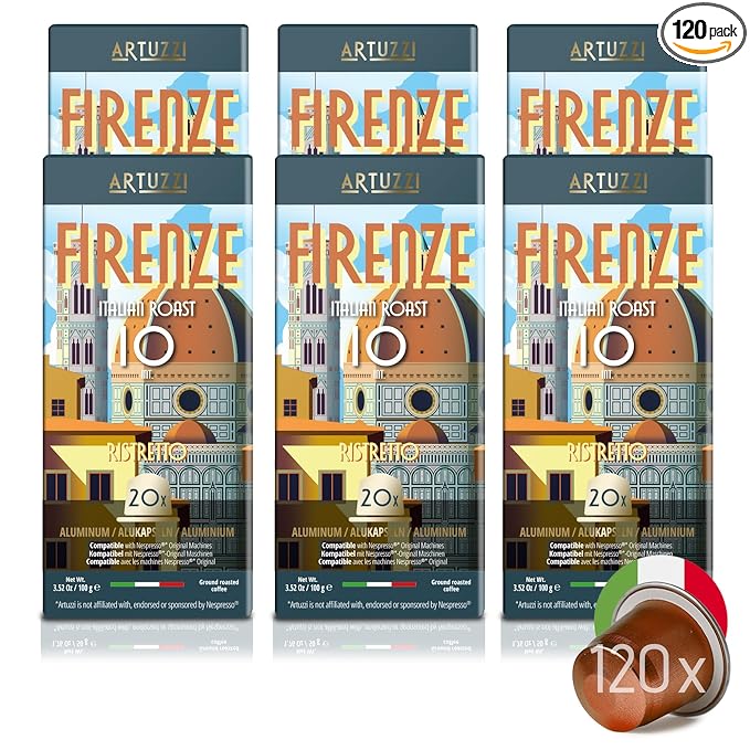 Artuzzi 120ct Compatible Nespresso Pods for Nespresso Originalline I Ristretto Firenze Coffee Capsules I Aluminum & Recyclable Coffee I Italian Dark Roast