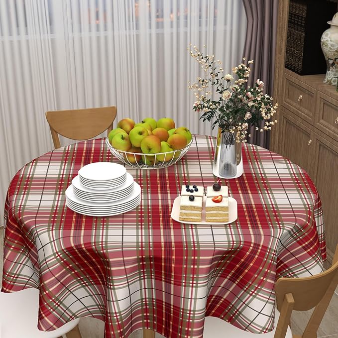 Christmas Tablecloth Round 60 Inch Red and Green Buffalo Plaid Circle Table Cloth Xmas Holiday Checkered Table Cover for Kitchen Dinner Home Decor