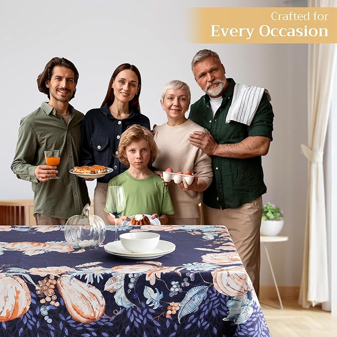 Maison d' Hermine Table Cloth Rectangle Table 100% Cotton 54 x 72 Inches Fall Tablecloth Reusable Everyday Use for Thanksgiving Christmas Decorations Dining Farmhouse Party (Pumpkin Blues)