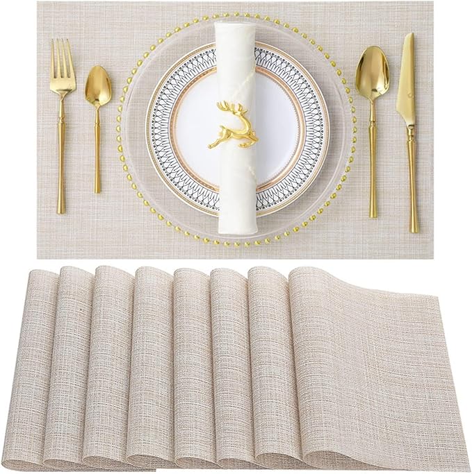 Placemats Set of 8 Heat- PVC Woven Stain Anti-Skid Table Mats Washable for Kitchen Table(Brown)