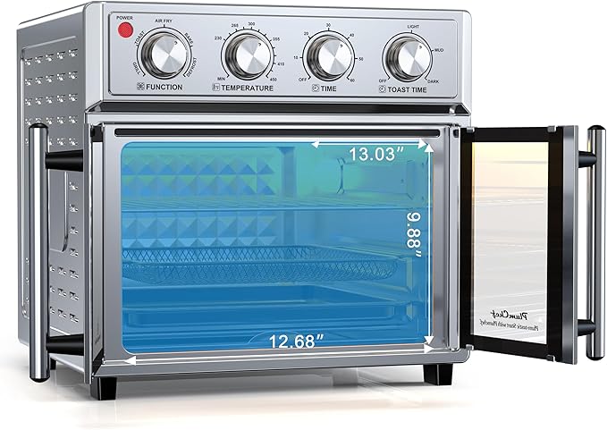 PlumChef 29.5QT Large capacity French Double-Door Air Fryer Convection Toaster Oven,1700W,7 Preset Menus,7-in-1 Multi-Function for Bake, Roast, Grill, Toast,Dehydrate& Defrost, Stainless Steel,silvery