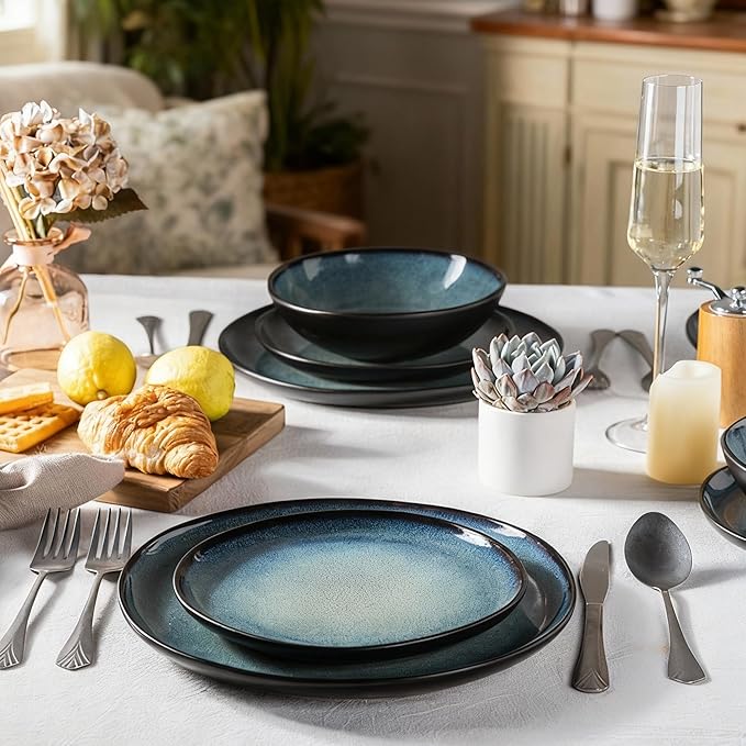 AmorArc Ceramic Dinnerware Sets,Handmade Reactive Glaze Stoneware Plates and Bowls Set,Highly Chip and Crack Resistant | Dishwasher & Microwave Safe Dishes Set,Service for 6 (18pc)