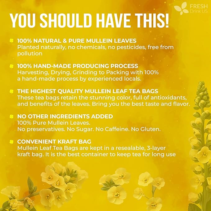 FreshDrinkUS, Premium 40 Mullein Leaf Tea For Lungs, Great Lung Detox For Smokers, Handmade, 100% Natural & Pure, No Sugar, No Caffeine, No Gluten, Vegan