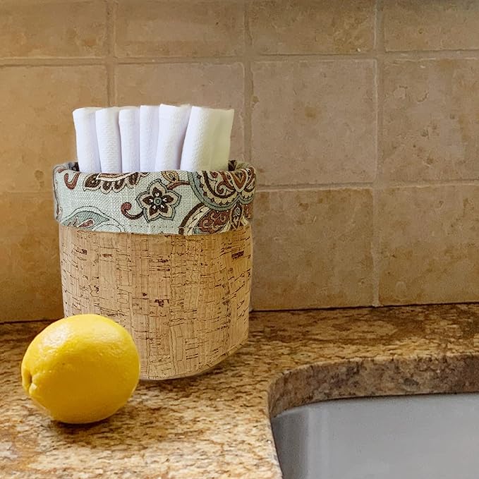Reusable Paper Towel Set/Towels and Cork Fabric Basket/American Made/Machine Washable/Absorbent and Durable Edges and No Pilling (Paisley & Cork Leather Basket, 24 Pack Cloths)