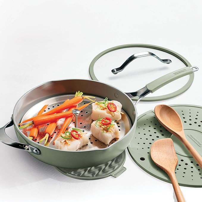 Tramontina Vue All-in-One Plus Pan Set, 5-Quart Ceramic Non Stick Cooking Pan with Glass Lid, Steamer Insert, Beechwood Utensils, Splatter Screen, Pot Holder, Green