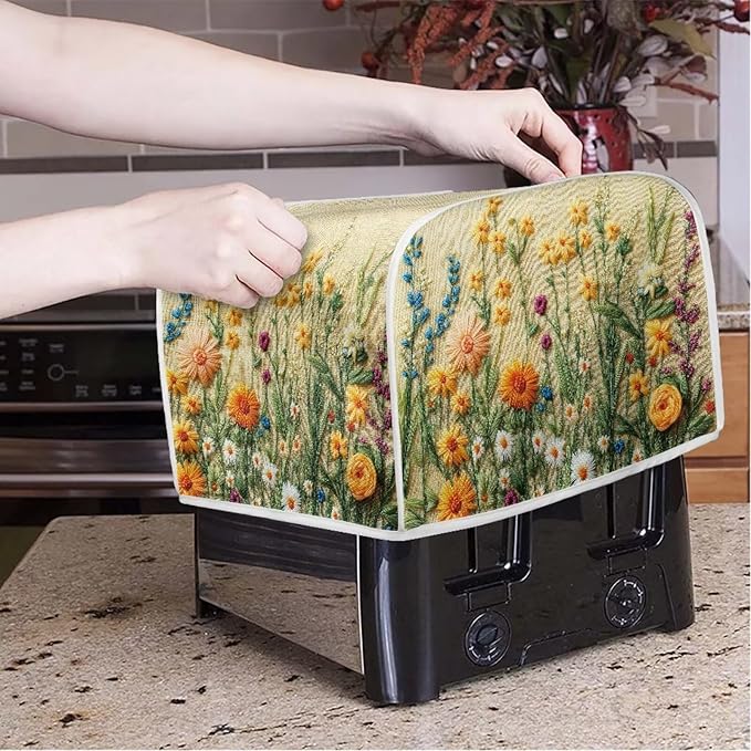 Doojoayie Flower Print Toaster Cover for Kitchen Decoration Polyester Fabric 2 Slice Bread Machime Cover Dust-proof Protector for Small Appliance