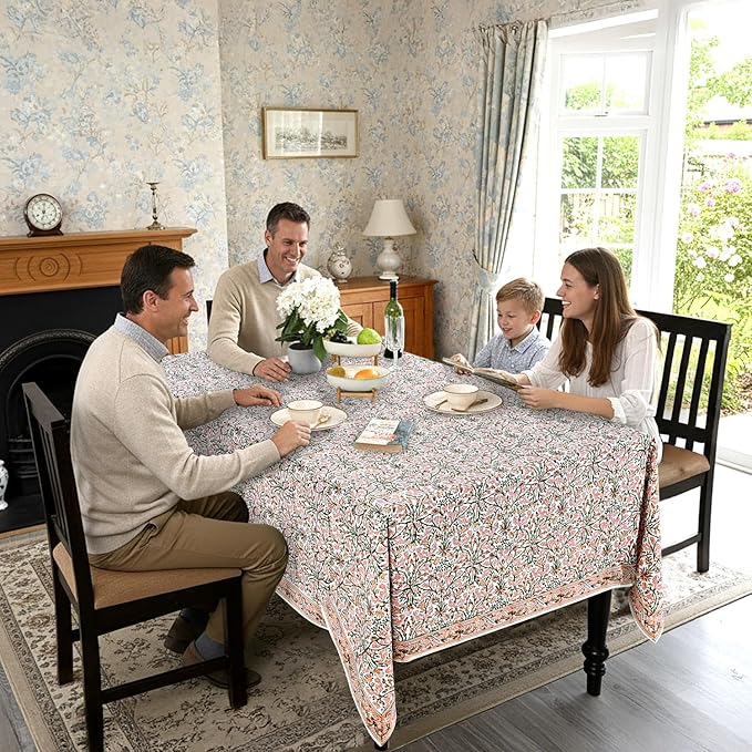 Ridhi Hand Block Print Sassy Salmon Emerald Green Rectangle Cotton Tablecloth 140" x 72" Reusable Table Cover Decorative Everyday Use for Dining, Farmhouse, Home Gift for Spring, Easter, Valentine