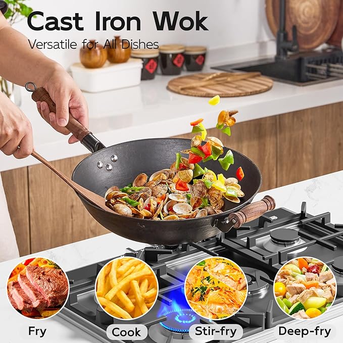 WANGYUANJI 12.6 Inch Iron Wok with Wooden Lid and Spatula, Flat Bottom Chemical-Free Uncoated Stir Fry Pan for Induction, Gas and Electric Stoves