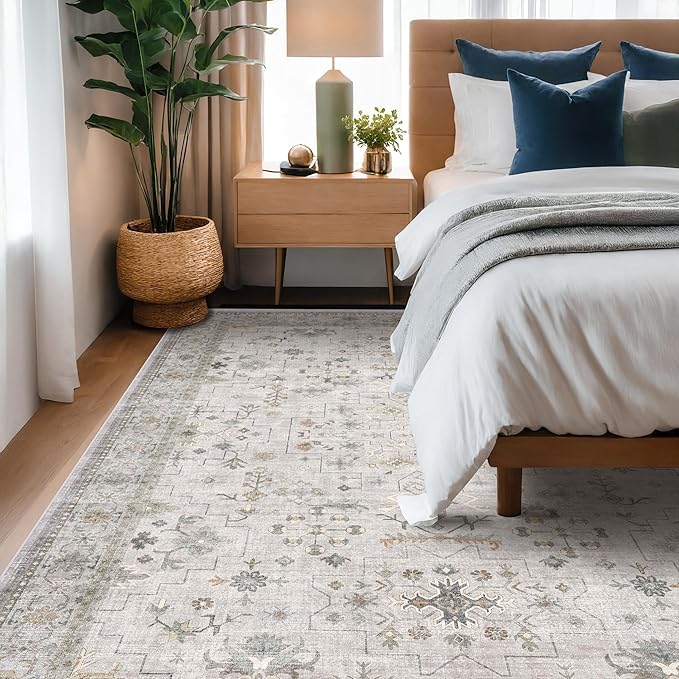 Boho Light Grey Living Room Rug 7x10 - Modern Vintage Eclectic Floral Pastel Neutral Taupe, Washable Low Pile Non-Slip Large Area Rugs for Dining Under Table Bedroom Lounge