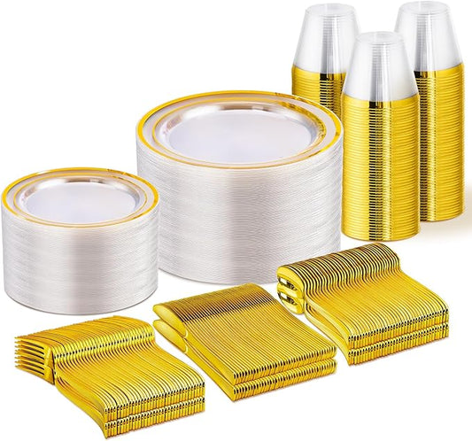 WELLIFE 450 PCS Clear Gold Disposable Dinnerware Set for 75 Guests, Clear and Gold Plastic Plates for Party, 75 Dinner & Salad Plates, Cups, Spoons Forks Knives for Wedding and Party Anniversary