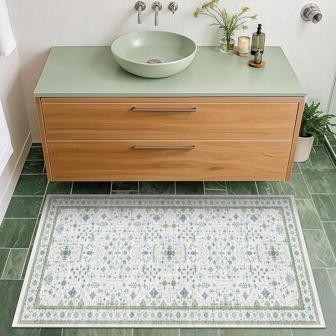 Cream Green and Blue 2x4 Boho Bathroom Rug - Oushak Floral Pastel, Washable Low Pile Non Slip with Rubber Backing Stain Resistant Entryway Rugs Indoor, Small Carpet for Kitchen, Bedroom, Laundry Room