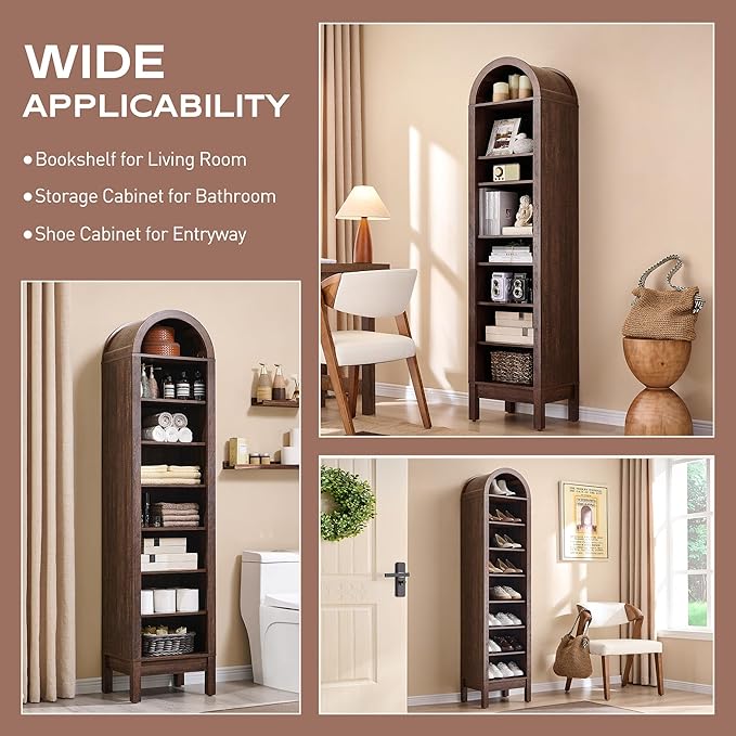 71" Tall Arched Bookshelf, 8 Tiers Arch Bookcase with Storage, Modern Farmhouse Book Shelf with Adjustable Shelves, Wood Bookshelf w/Open Display Shelves for Living Room, Office (Brown)