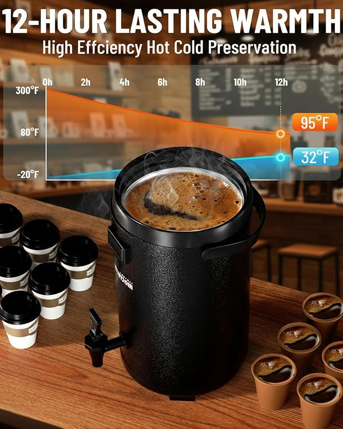 Thermal Beverage Dispenser - 8L/2.1Gal Black Stainless Steel, Single, LCD Thermometer, Triple-Layer Insulated, Non-Electric Hot & Cold Drink Dispenser for Coffee, Tea