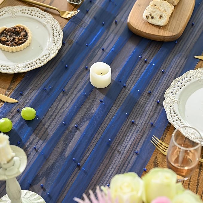 Artoid Mode Pearl Light Bule Gauze Table Runner 120 Inch, Seasonal Sheer Dining Holiday Wedding Birthday Baby Shower Table Decor for Home Party