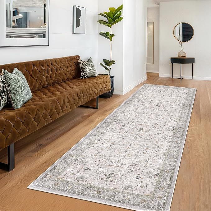 Floral 3x8 Wide Hallway Runner - Light Gray with Taupe Accent, Boho Eclectic Decor, Washable Low Pile Non Slip Stain Resistant Rug for Long Kitchen, Large Bathroom, Hall Way