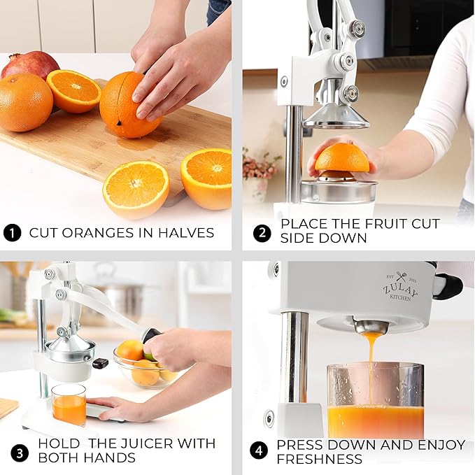 Zulay Kitchen Cast Iron Juicer - Easy-to-Clean Heavy-Duty Manual Juicer, Professional Citrus Juicer - Stainless Steel Lemon Squeezer - Manual Citrus Press & Orange Squeezer - Orange Juicer – White