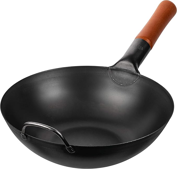 YOSUKATA Carbon Steel 11.8" Stir Fry Wok Pan - Pre-Seasoned Chinese Wok with Flat Bottom + Wok Lid 11.4 In - Premium Stainless Wok Cover with Tempered Glass Insert + 17" Wok Spatula and Ladle