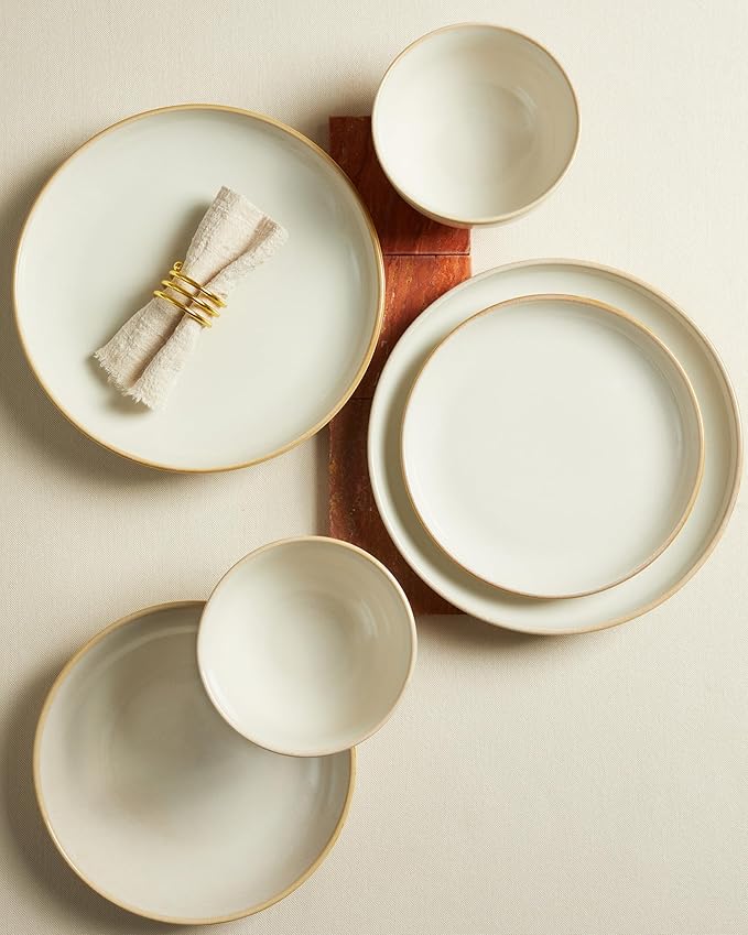 24 Piece Double Bowl Dinnerware Sets with Pasta Bowls, Highly Chip and Crack Resistant Plates and Bowls Sets, Natural Earthyware Ceramic Dishware Sets, Service for 6 Yellow White