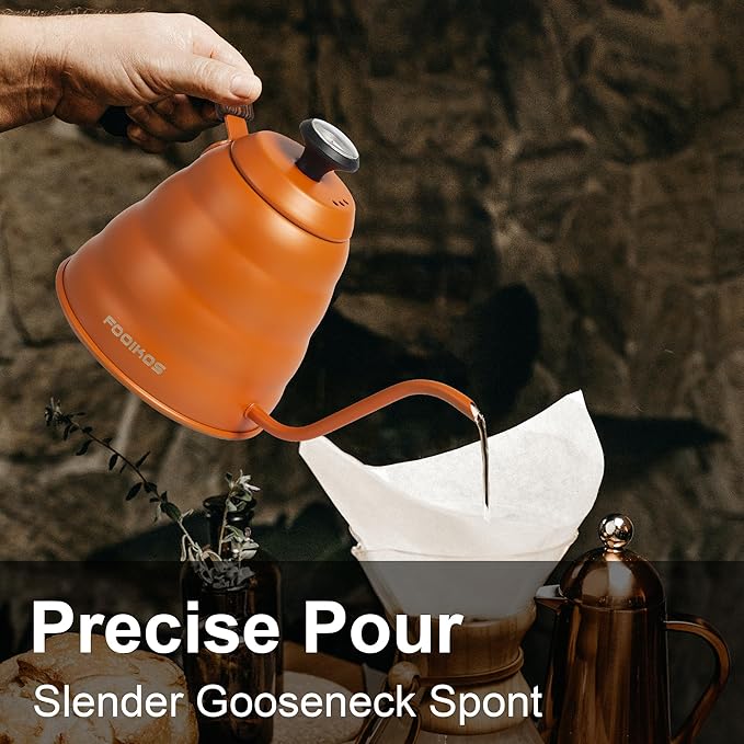 Gooseneck Kettle with Thermometer for Pour Over Coffee & Tea, 42 fl oz, Premium Stainless Steel, Accurate Temperature Control, Ideal Spout for Precision Pouring, Compatible with Stovetops