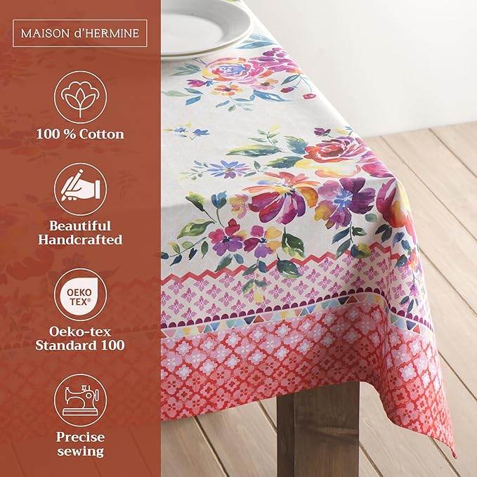 Maison d' Hermine Table Cloth Rectangle Table 100% Cotton 70 x 108 Inches Tablecloth Reusable Decorative for Dining Room Farmhouse Home Valentines Day Decorations Spring Summer - Rose Garden