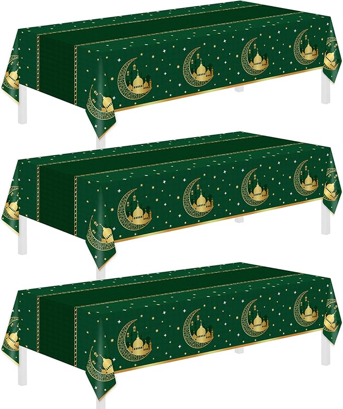 Childom 3 Pack Ramadan Mubarak Tablecloths for Eid Mubarak Decorations,54" x 108" Plastic Disposable Ramadan Kareem Table Cloth,Green Eid al-Fitr Table Covers for Rectangle Tables,Dinner,Party Favors