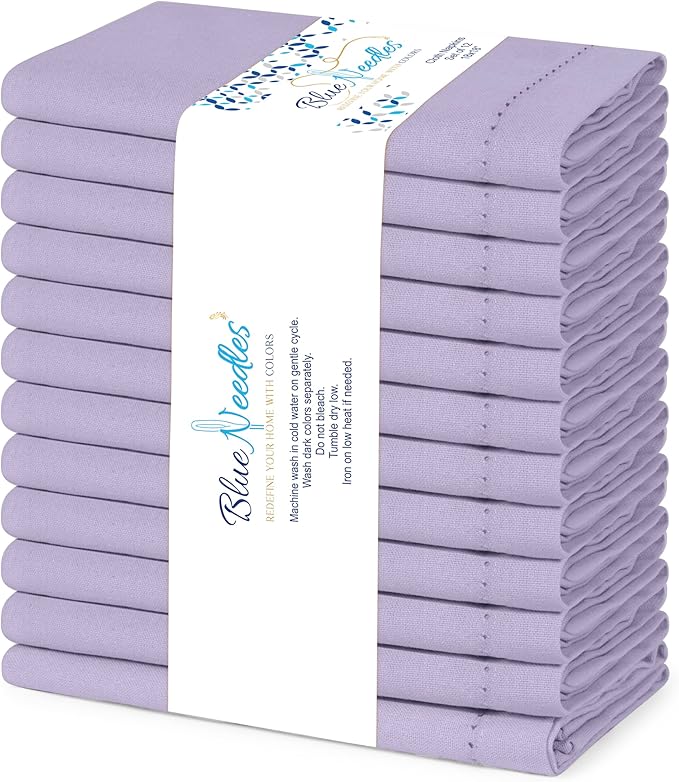 Blue Needles Set of 12 Hemstitch Linen Napkins 100% Cotton Lavender Cloth Dinner Napkins 18x18 inches, Soft, Reusable, Absorbent, Washable, Ideal for Wedding Events, Parties & Everyday Use